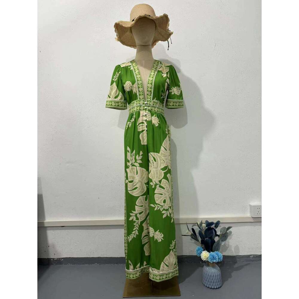 Wide Leg Jumpsuit Spring New Fashion Women S Printed Jumpsuit V Neck Short Sleeved Women
