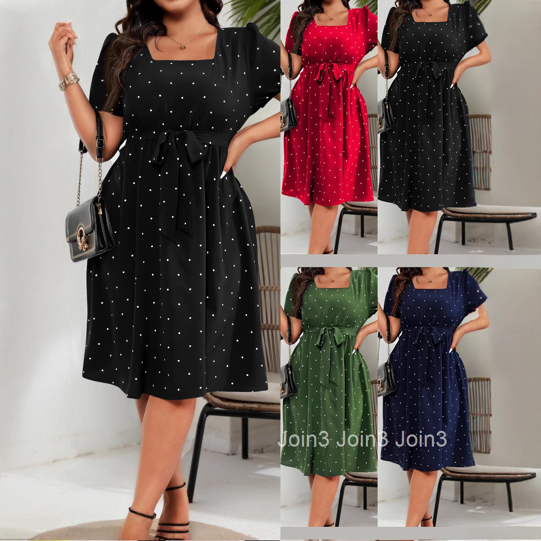 Large Size Womens Elegant Polka Dot Waist Cinched Lace Up Square Neck Big Swing Dress