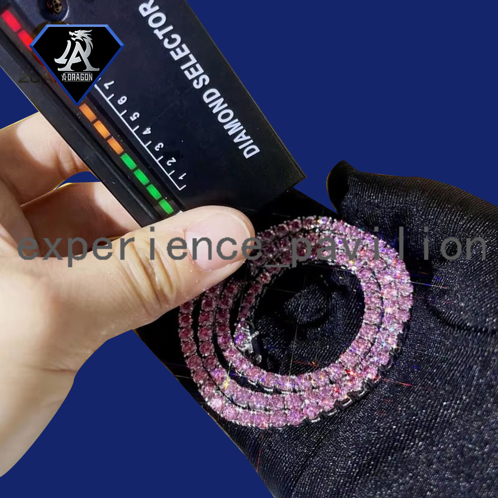 Hot Selling 2mm Sterling Silver Pink Moissanite Tennis Chain Set Includes Necklace and Bracelet for Hip Hop Fans