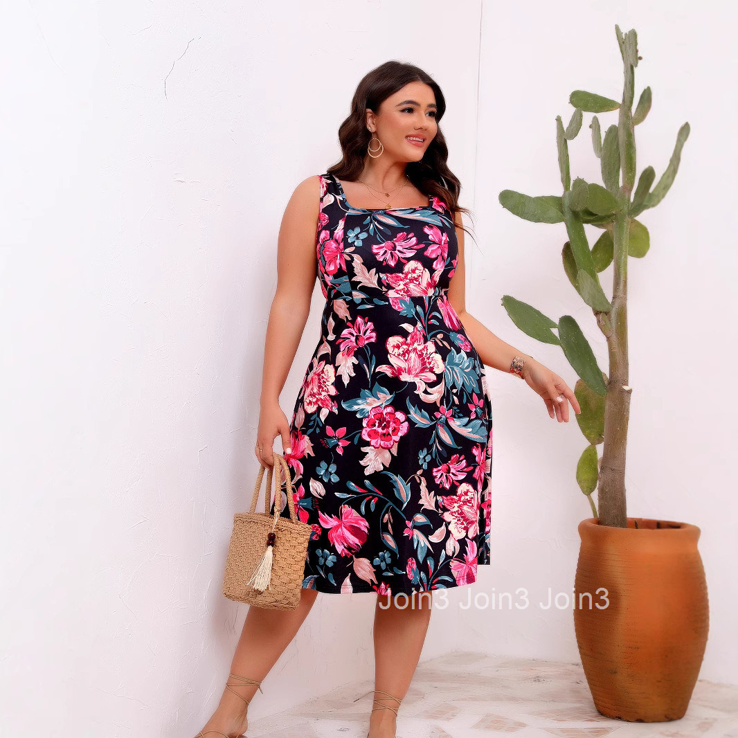 Womens 2025 Summer New Large Round Neck Sleeveless Printed Dress