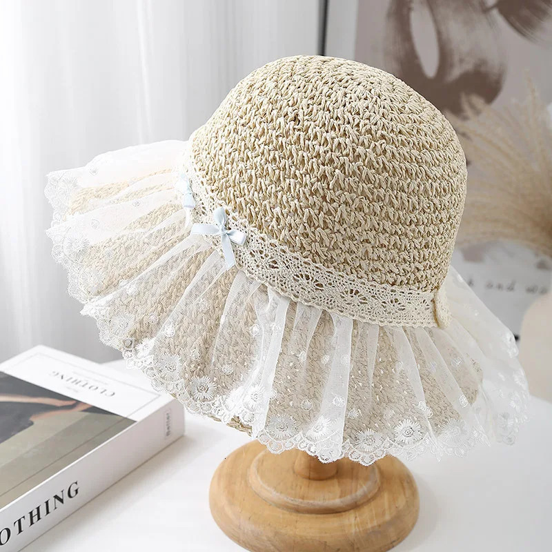Womens Summer Hat Lace Bow Straw Sun Hat Fisherman Cap Wide Brim Sunscreen Bucket Hat Seaside Holiday Beach Accessories 250516