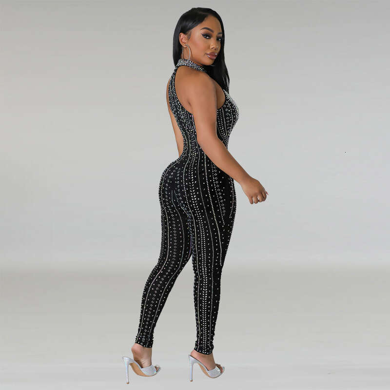 Wide Leg Jumpsuit Women S Sexy Tight Fitting Summer New Hollow Out Hot Stamping Sleeveless Jumpsuit