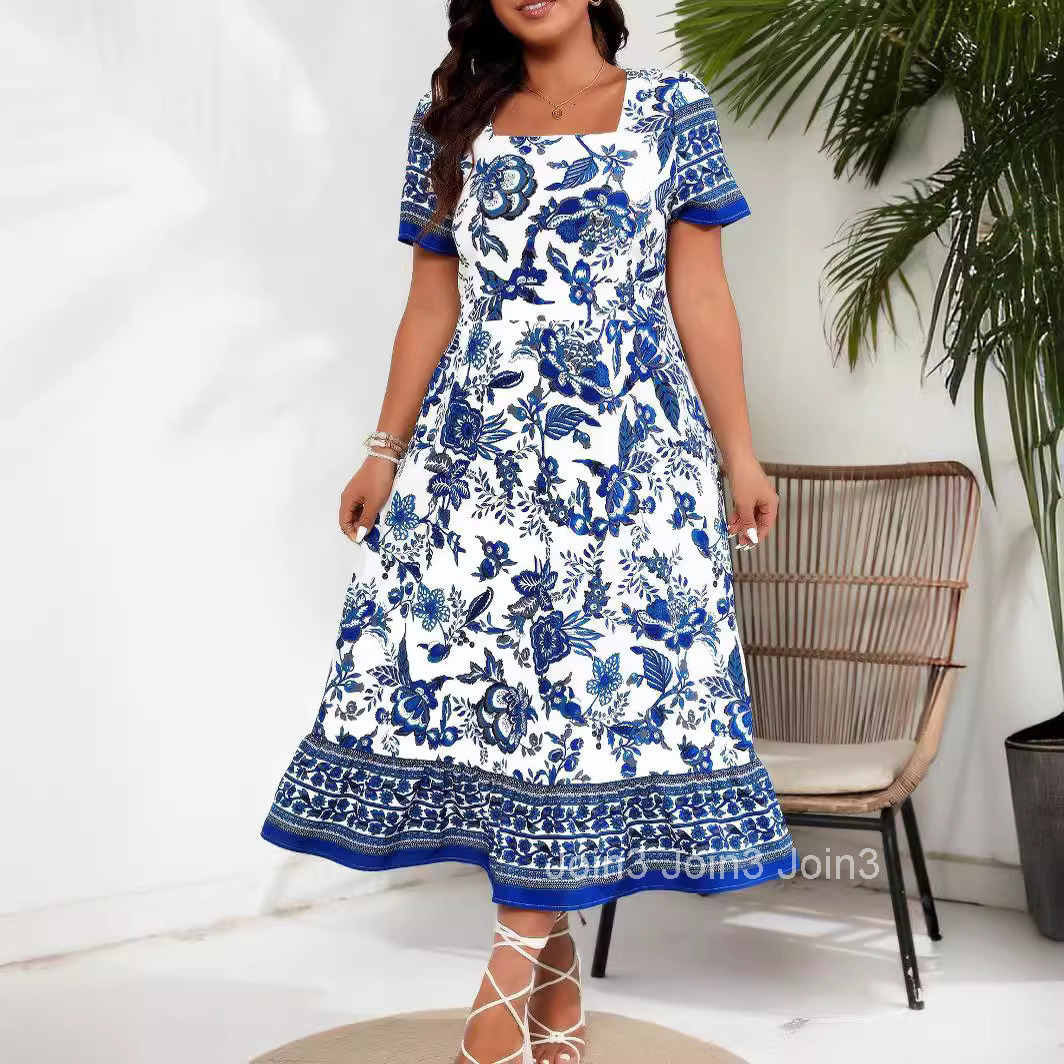 Ethnic Style Positioning Blue and White Long Dress
