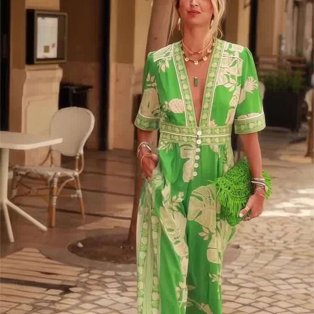 Wide Leg Jumpsuit Spring New Fashion Women S Printed Jumpsuit V Neck Short Sleeved Women