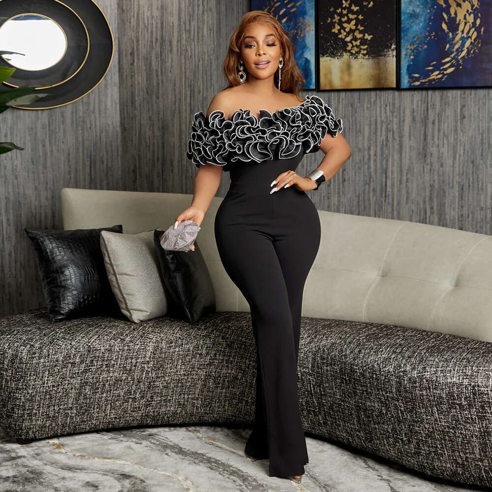 Wide Leg Jumpsuit Q New Fashionable Women S Sexy Tight One Collar Lotus Leaf Lace Jumpsuit Pants