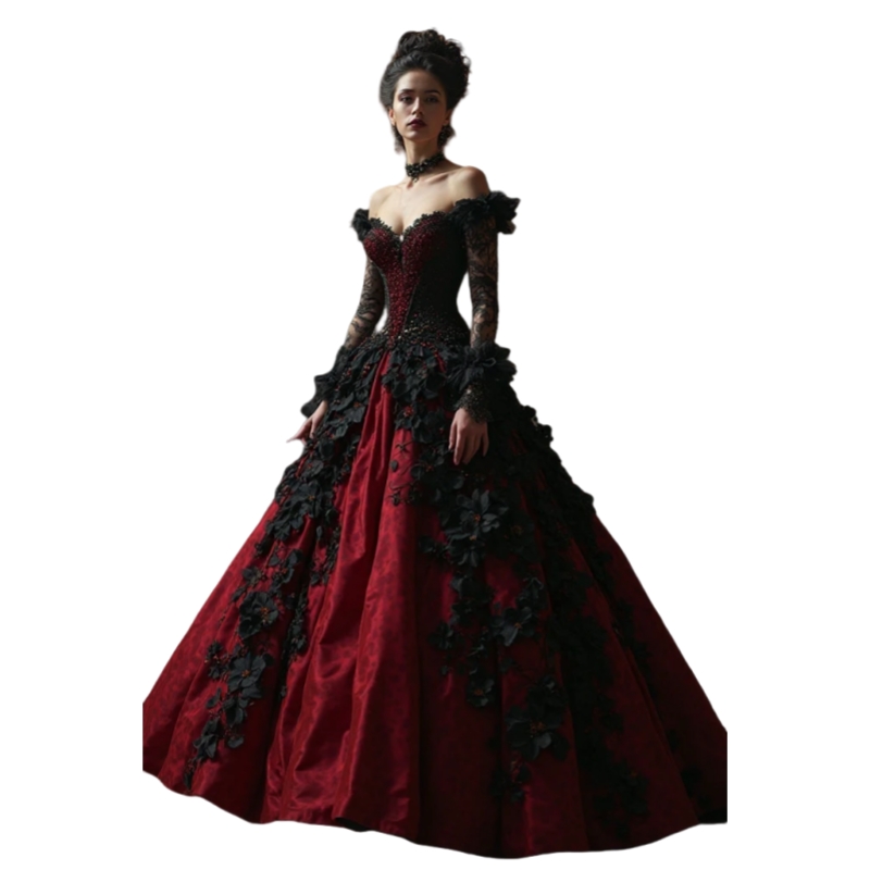 Dark Red And Black Gothic Wedding Dresses 3D Floral Flowers Appliques Crystal Beaded Off Shoulder Long Sleeves Vintage Bridal Gown 2025 Vestido De Nov