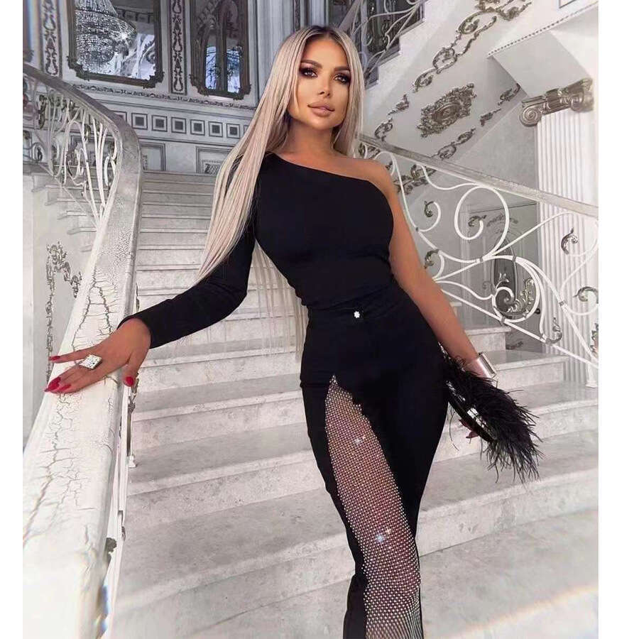 Wide Leg Jumpsuit Women S Sexy Bandage Long Wide Leg Dia Studded Mesh Casual Pants Single Sleeved Jumpsuit