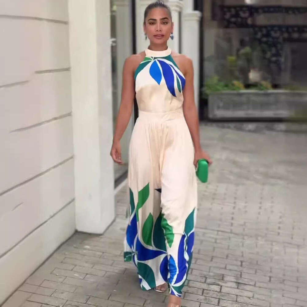 Wide Leg Jumpsuit Summer New Printed Sexy Exposed Sleeveless Flared Shorts Jumpsuit Fashionable Women S Clothing