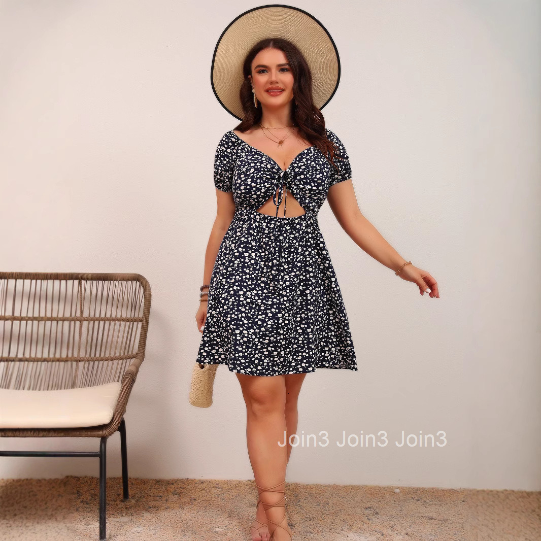 Plus Size Sexy Floral Chest Cinched Waist Short Sleeved V-neck Dress
