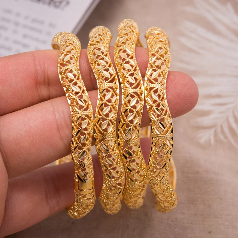 Annayoyo 4Pcs Gold Color Ripple high quality Bangles Bracelets Women Mother Metal Cuff Bangle Jewelry Bride Birthday Gifts 250517