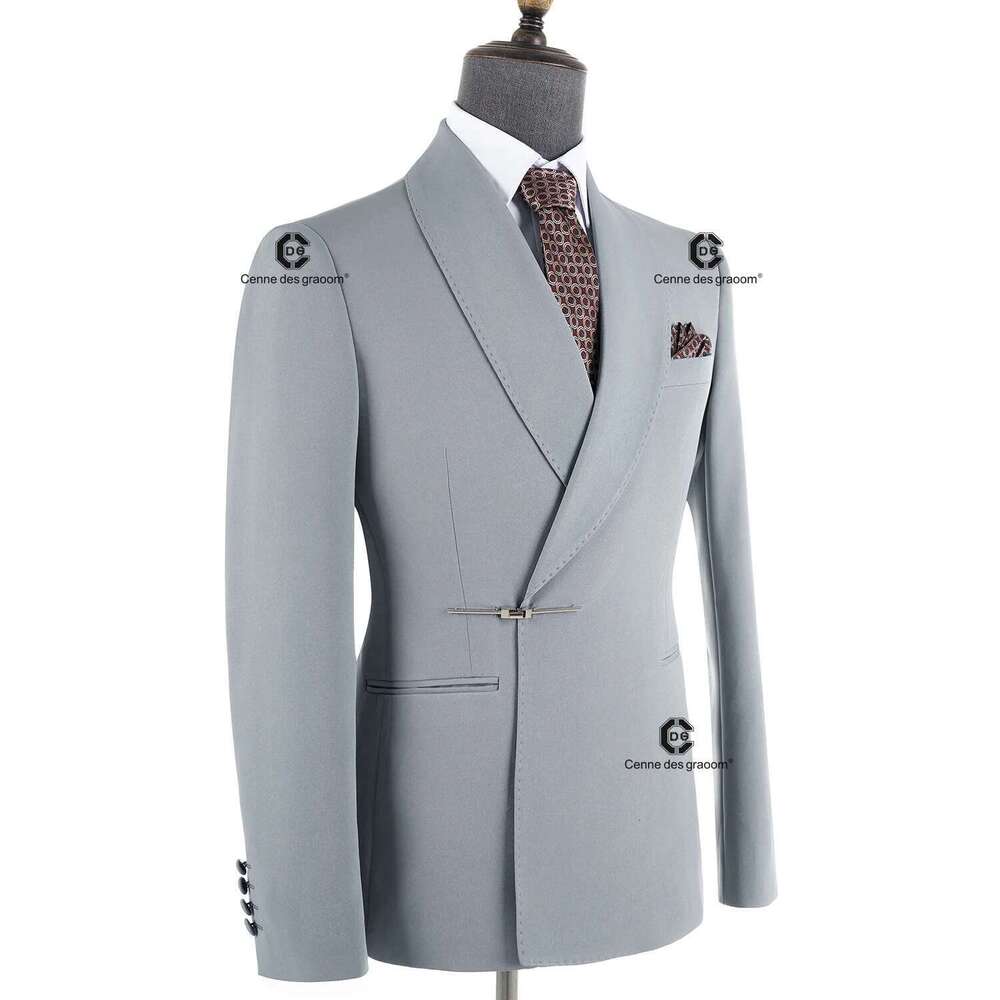 Cenne Des Graoom 2025 New Elegant Light Grey Men Suits Metal Side Release Buckle 2 Pieces Set High Quality Wedding Party Dinner Designer