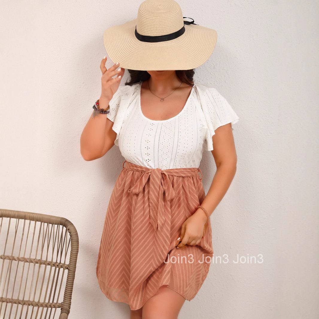 Large Size Elegant Womens Mesh Jacquard Fabric Spliced Lace Up Dress