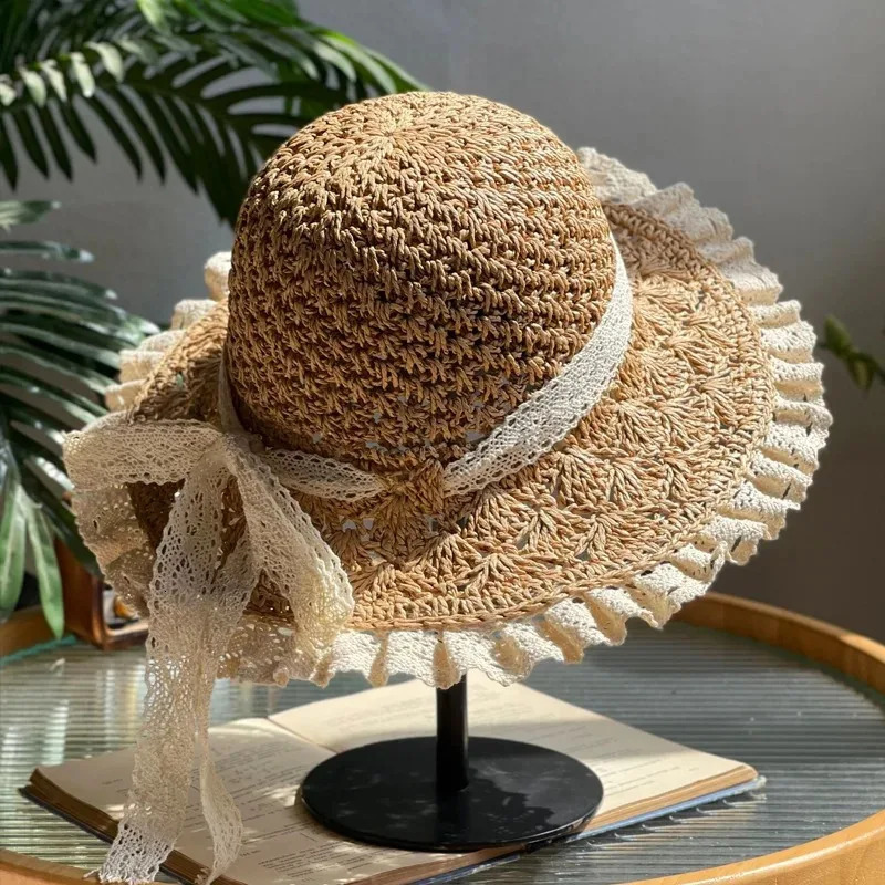 Summer Foldable Lace Edge Straw Hat for Womens Handwoven Cute Bow Sunshade Hat for Vacation Beach Hat 2025 250516