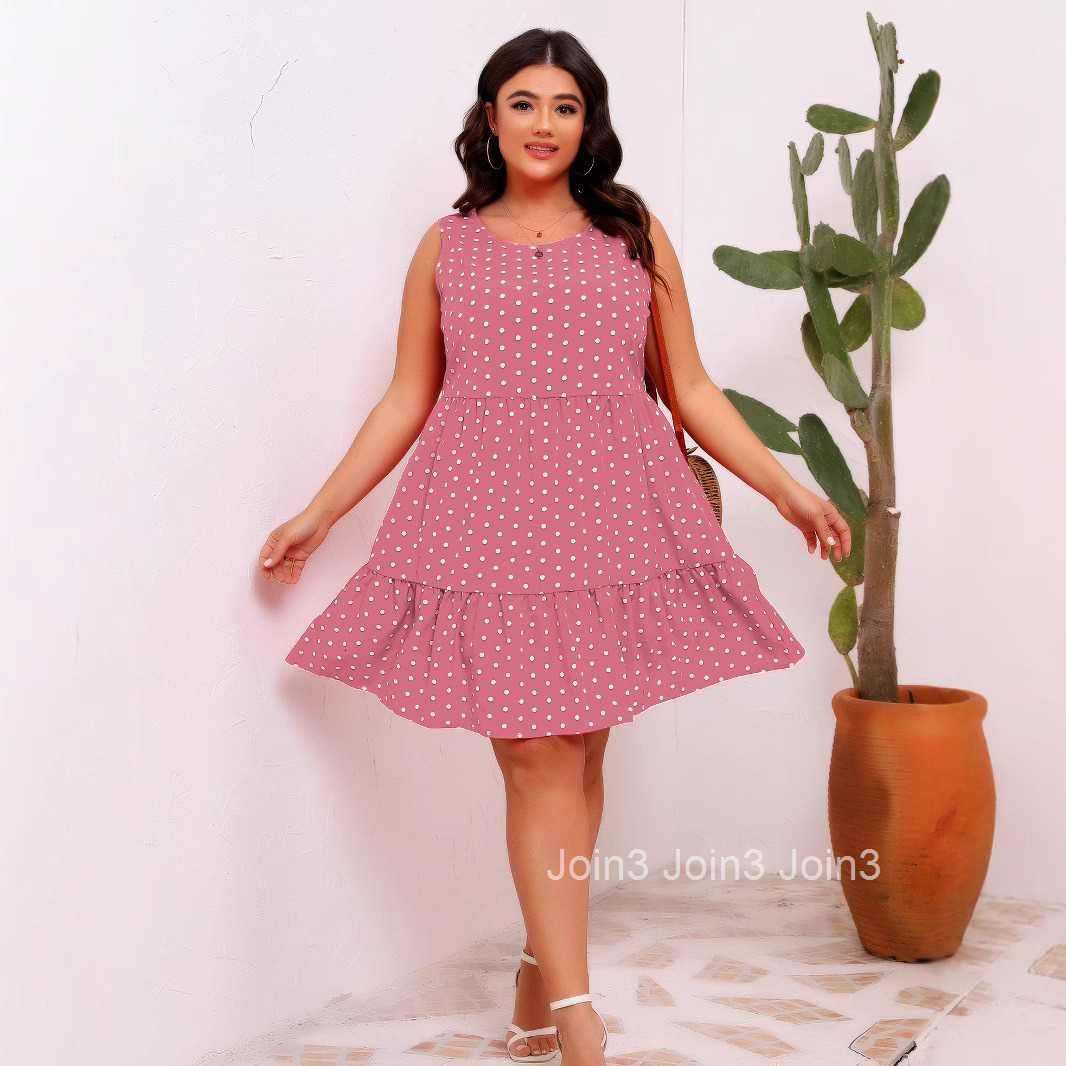 Round Neck Sleeveless Wave Point Loose Large Hem Ruffle Dress