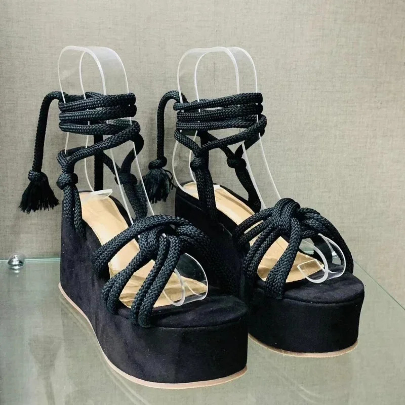 Platform Wedge Strappy Sandals Women Fashion Round Toe Cross Tied Height Increase Open Toe Women Sandals 250515
