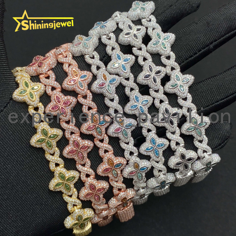Luxury Colorful Marquise Flower Design 15mm Custom Iced Out Hip Hop Jewelry Cuban Link Chain 925 Silver VVS Moissanite Bracelet