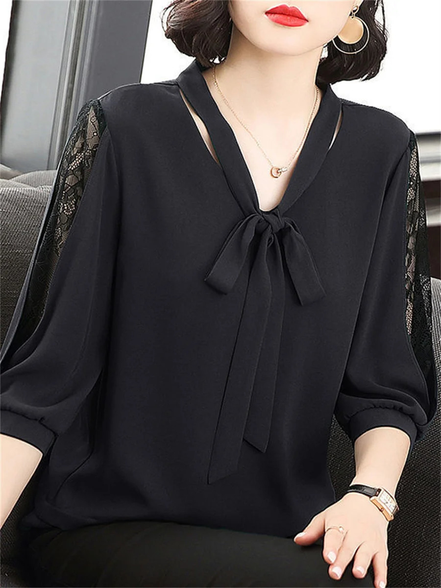 Women Spring Summer Style Blouses Tops Lady Casual Bow Tie Colloar Half Lace Sleeve Loose Blusas Tops DF4275 250517