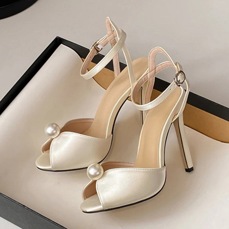 Liyke High Quality Cozy Silk Peep Toe 11CM Thin Heels Gladiator Sandals Women Fashion Pearl Shoes Ankle Strap Sandalias 250515