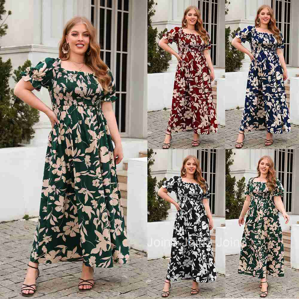 Large Womens Dress Large Print Leisure Holiday Dress Bohemian French Elegant Mid Length Dress
