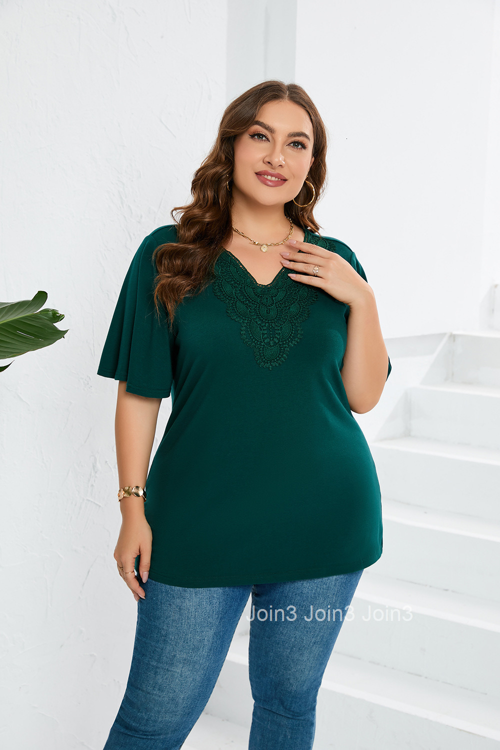 Womens Flare Sleeves Short Sleeve T-shirt Lace Panel Top Large Womens Wear