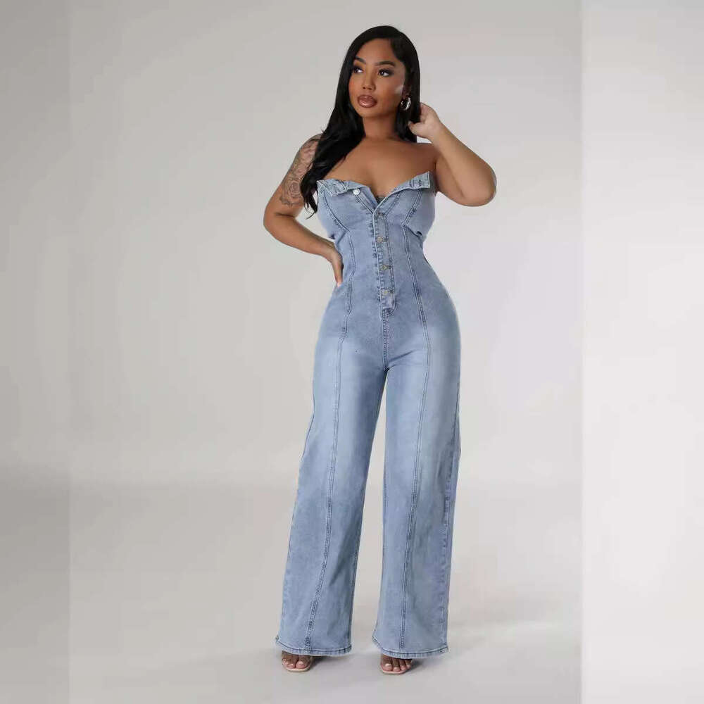 Wide Leg Jumpsuit Cowboy Women New Slim Fit Strapless Wide Leg Pants Washed Elastic Jumpsuit