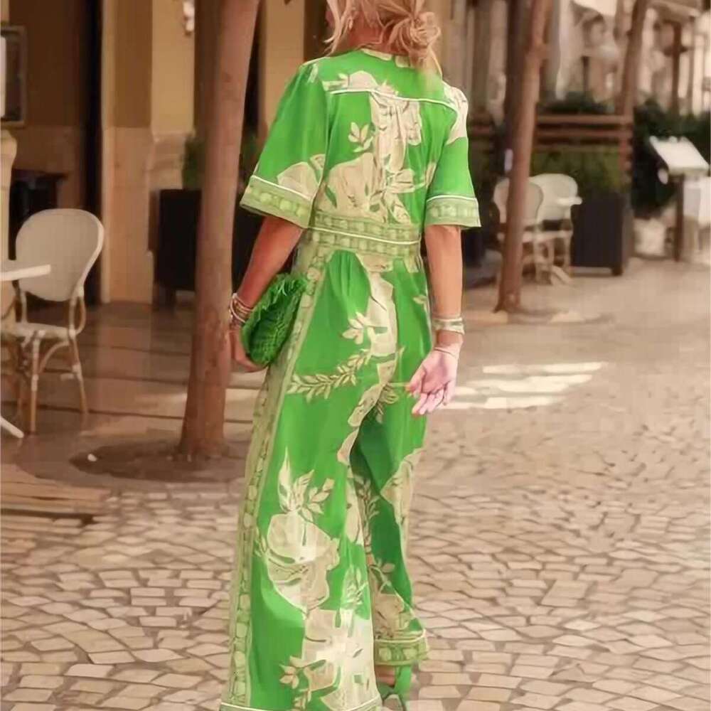 Wide Leg Jumpsuit Spring New Fashion Women S Printed Jumpsuit V Neck Short Sleeved Women