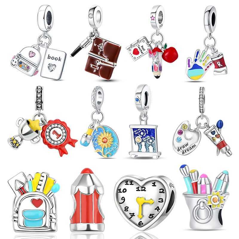 925 Sterling Silver School Backpack Book Pencil Trophy Charm Beads Fit The Original Charm Bracelet Women DIY JewelryXJ250517