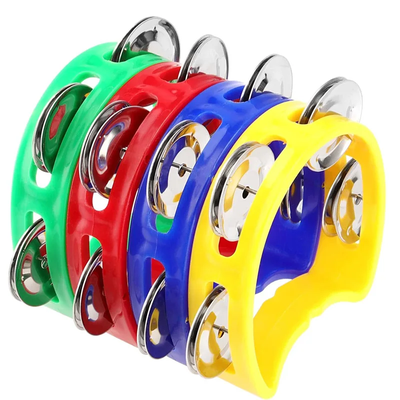 Plastic Hand Held Percussion Tambourine with 4 Bells Rhythm Noise Makers Musical Instrument Toys Kids Preschool Educational Gift