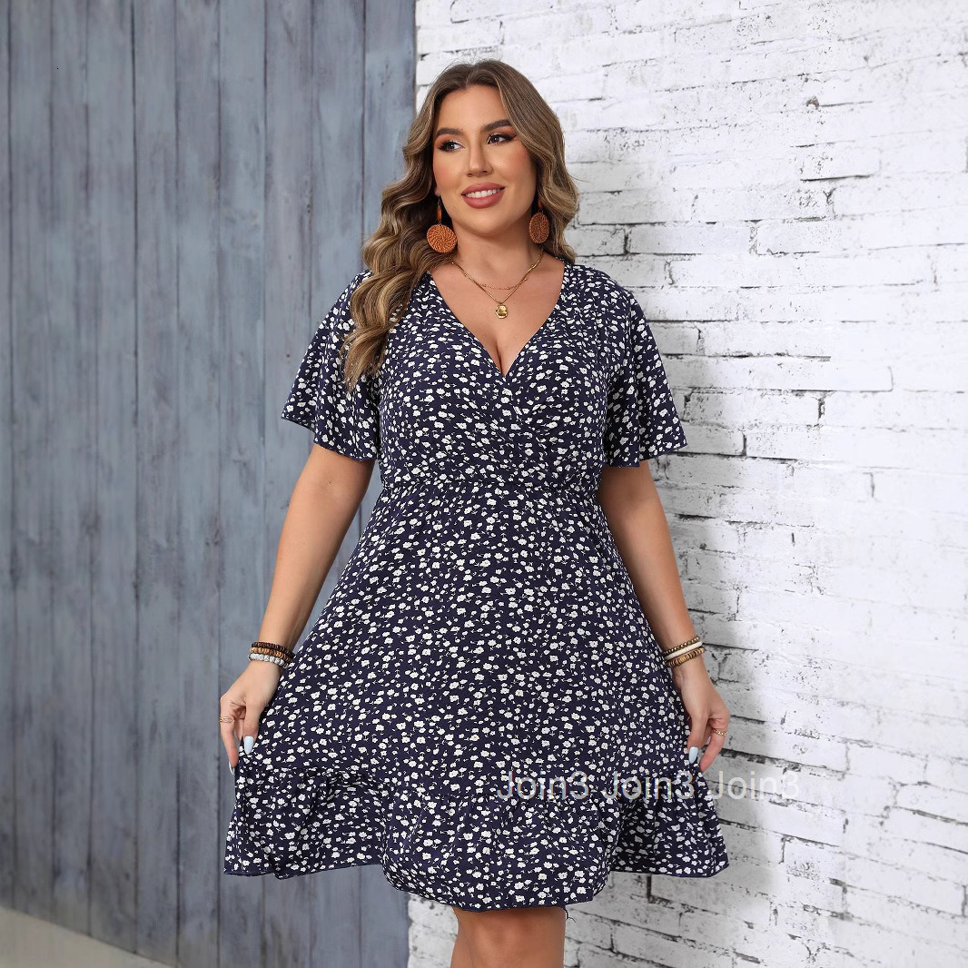 Large Size Womens Sun Dress Summer Floral Short Sleeved Wrapped V-neck A-line Dress