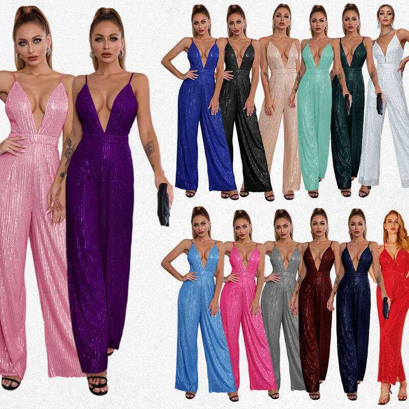 Wide Leg Jumpsuit Women S Fashion Spicy Girl Sleeveless Camisole Deep V French Backless Sequined Jumpsuit