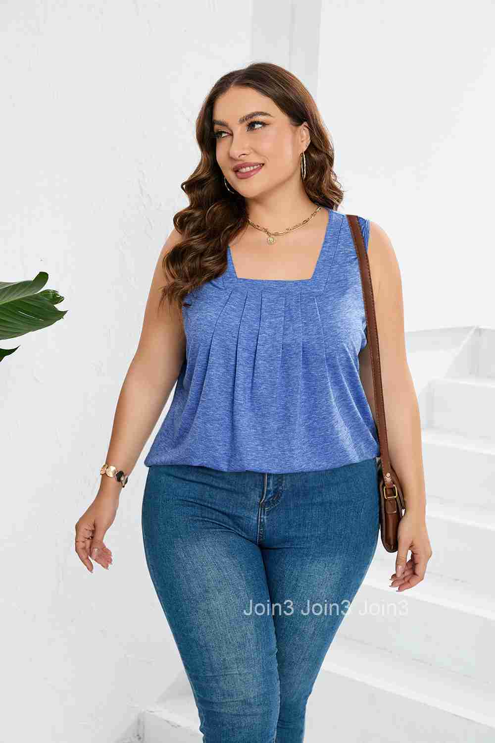 Summer New Solid Pleated Square Neck Loose T-shirt Tank Top Women