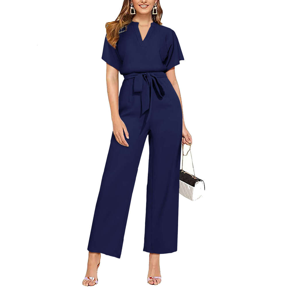 Wide Leg Jumpsuit Summer Solid Color V Neck Sleeveless Women S Jumpsuit Belt