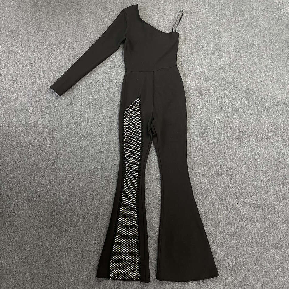 Wide Leg Jumpsuit Fashion Women S Single Sleeve Grid Bellbottom Pants With Temperament Bandage And Jumpsuit