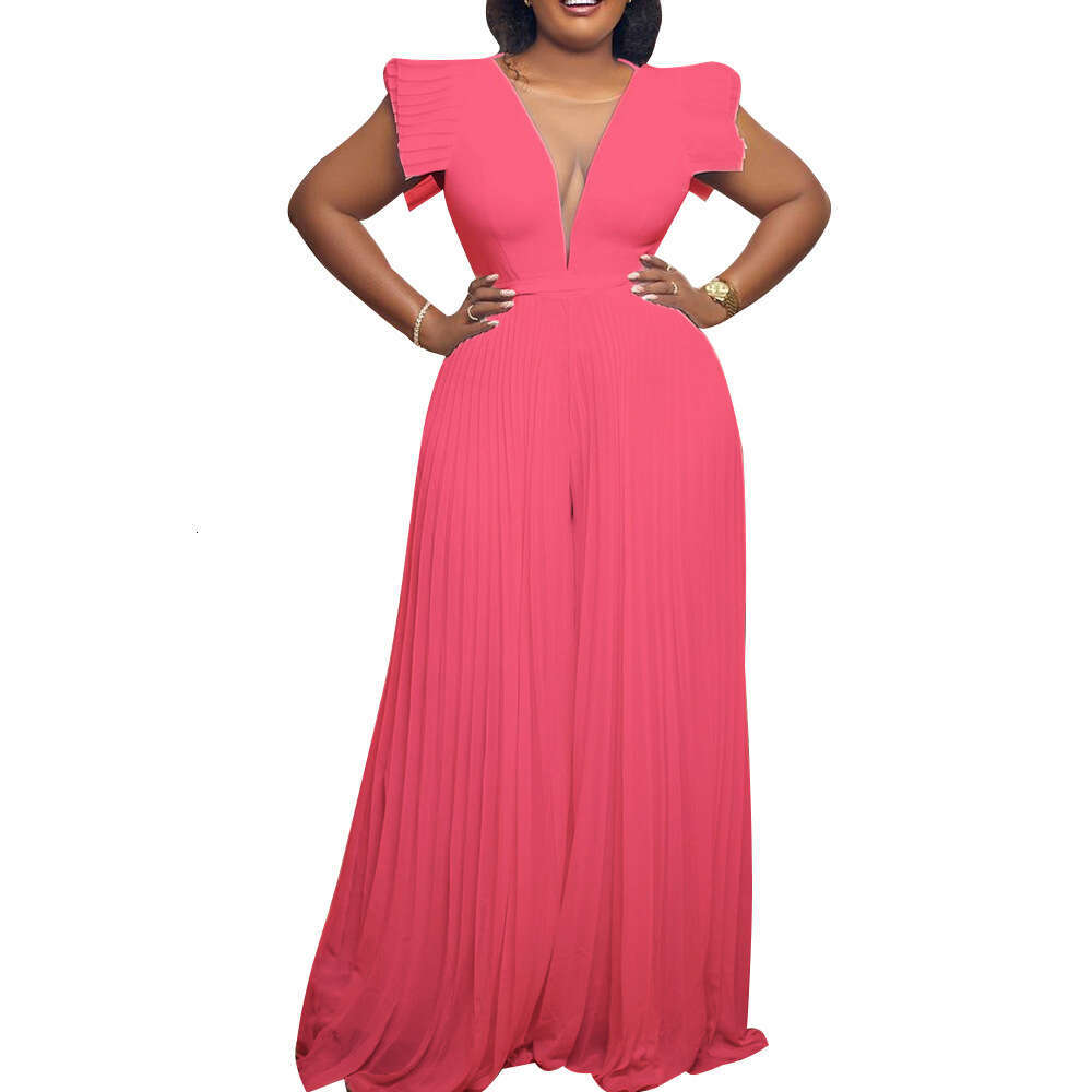 Wide Leg Jumpsuit Women S Summer Sexy Mesh Spliced Solid Color High Waist Wide Leg Jumpsuit