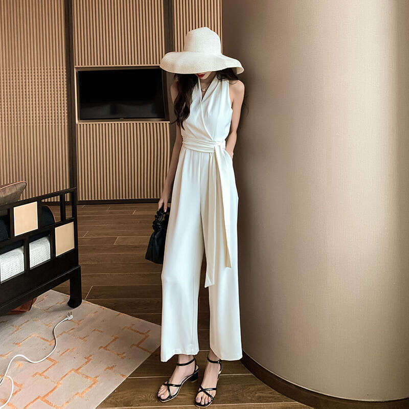 Wide Leg Jumpsuit Hanging Neck Women S Summer New White Suit Wide Leg Pants Deep V Neck Western Style Slim Fit Jumpsuit Trend