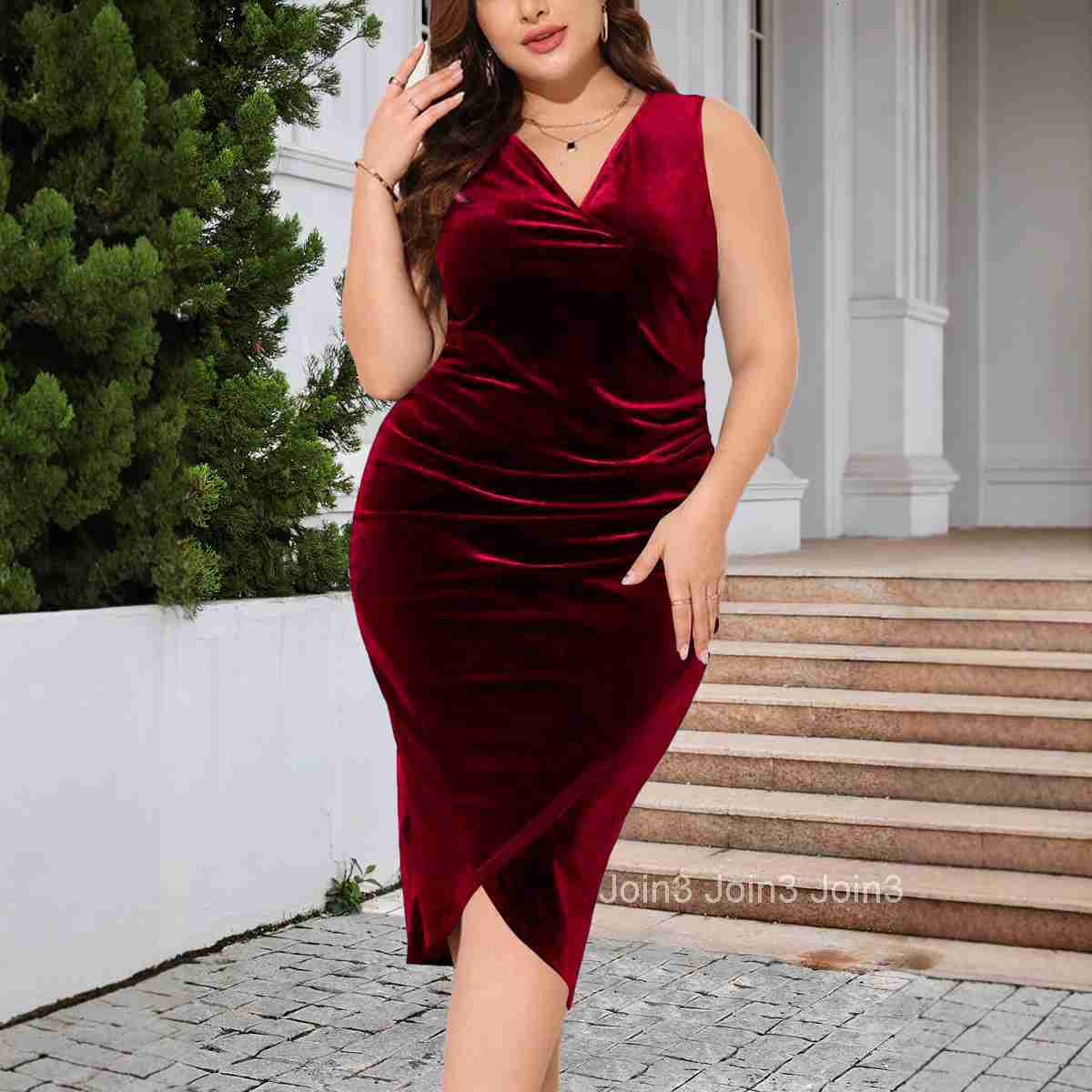 Womens Plus Size Long Sleeve Velvet Skinny Dress Sexy Pleated Wrap Deep V-neck Style