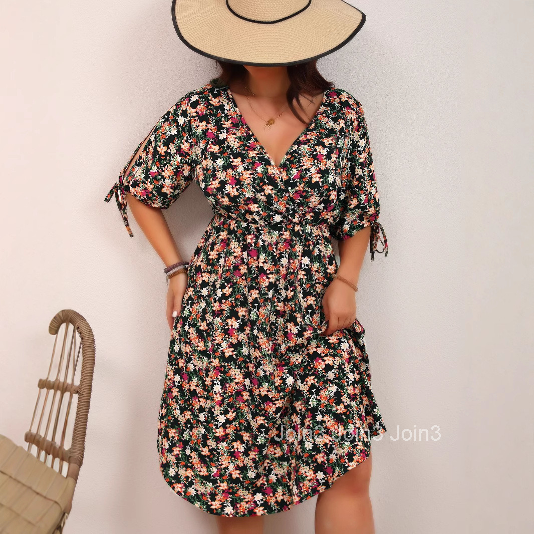 Large Size Elegant V-neck Waist Cinched Patchwork Floral Dress