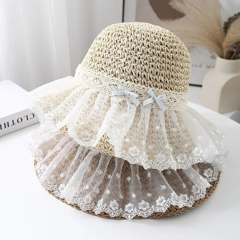 Womens Summer Hat Lace Bow Straw Sun Hat Fisherman Cap Wide Brim Sunscreen Bucket Hat Seaside Holiday Beach Accessories 250516