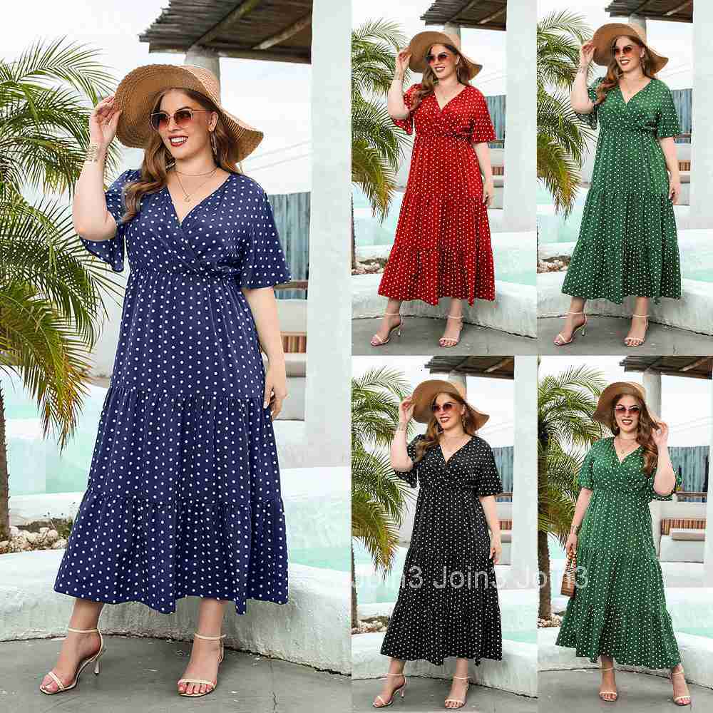 2025 Summer New Product Plus Size Womens Plus Size Polka Dot Casual Vacation Dress V-neck Elegant Large Swing Mid Length Skirt