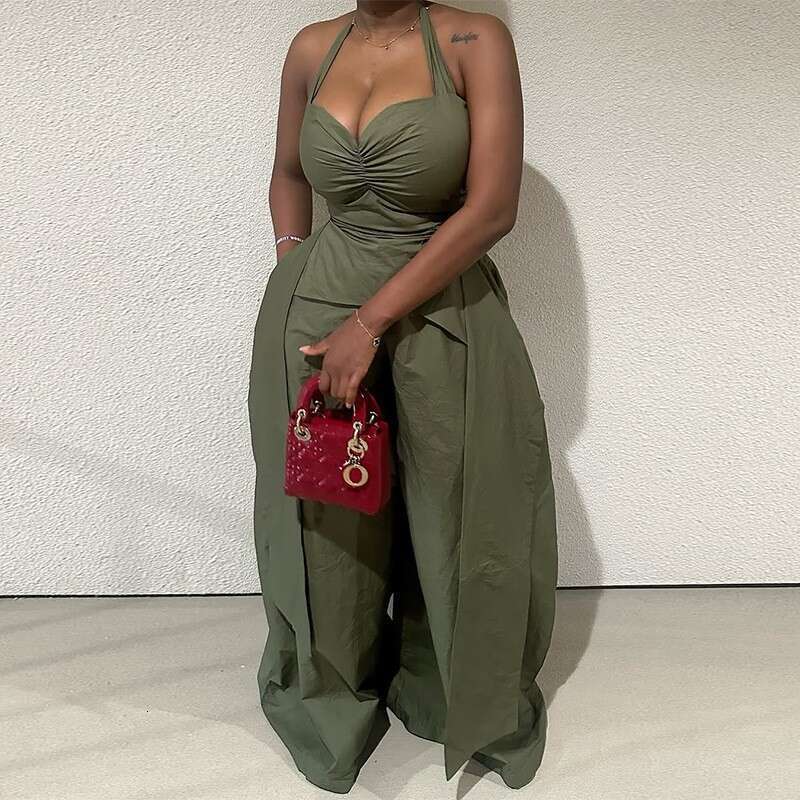 Wide Leg Jumpsuit Women S Summer Sexy Hanging Neck V Neck Irregular Sleeveless High Waisted Ribbon Jumpsuit Pants