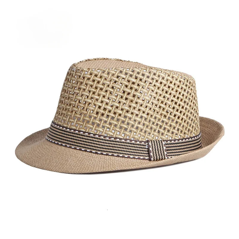 Mens Hats Summer Breathable Straw Small Top Hat Womens Sun Protection Beach Hat British Retro Jazz Cap Mesh Fedora Black Hat 250516