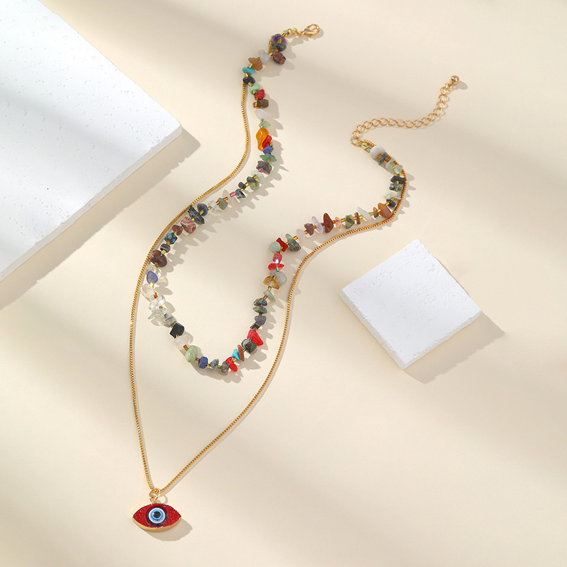 Pink heart-shaped necklace, multi-layer titanium steel devil's eye collarbone chain, colorful stone necklace