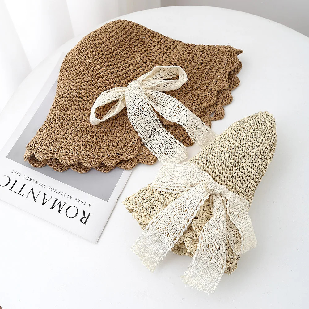 Lace Lace-up French Straw Hat Womens Summer Seaside Beach Sun Hat Foldable Large Brim Sun Protection Sunshade Hat Female 250516