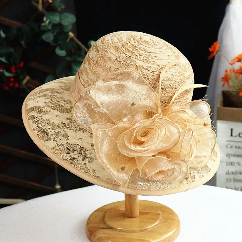 Fashion Elegant Breathable lace flower Church Hat For Women Foldable Wedding Party Summer Beach Protection Sun Cap 250517