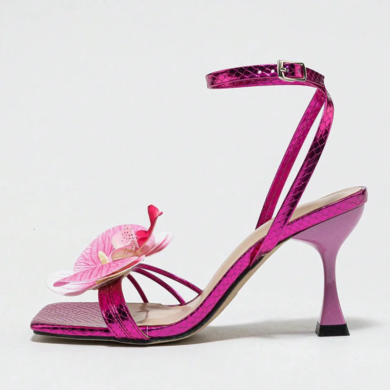 Liyke Elegant Purple Square Toe False Flower Sandals Women Party Dress Shoes Ankle Strap High Heels Gladiator Sandalias 250515