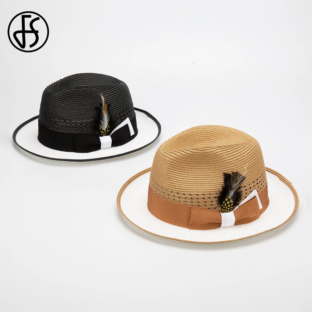 FS 2025 Spring Summer Khaki Cowboy Hats For Men With Feather Decorative Rolled Brim Jazz Panama Hat Gentleman Gangster Black Cap 250516