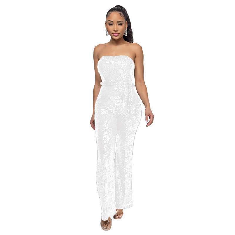 Wide Leg Jumpsuit INS Style Sleeveless Sequined Waistband Solid Color Women S Strapless And Backless Jumpsuit