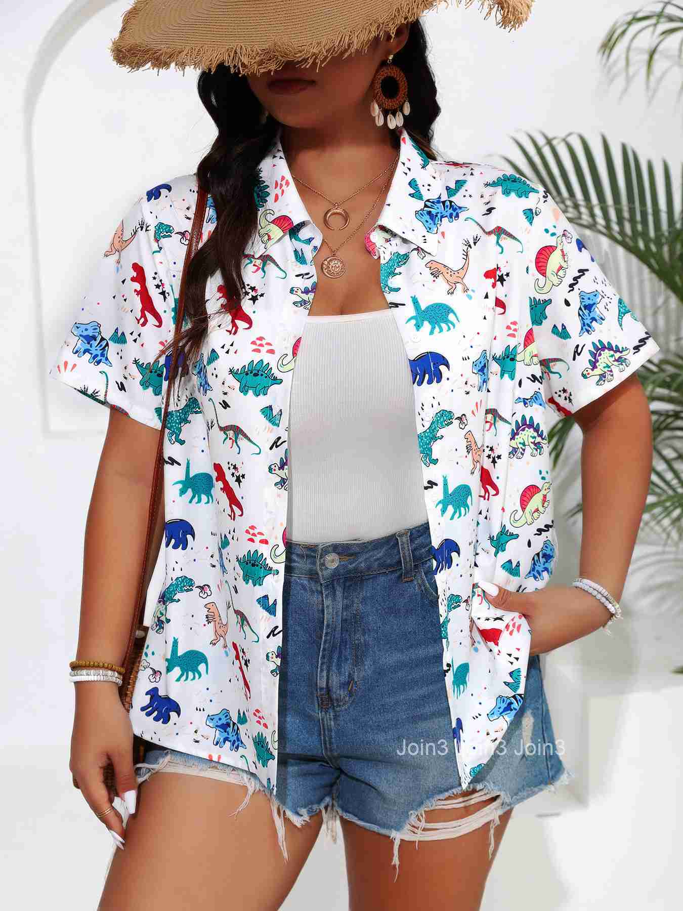 Large Size Womens Summer Soft and Cool Digital Printed Buckle Style Short Sleeved Shirt