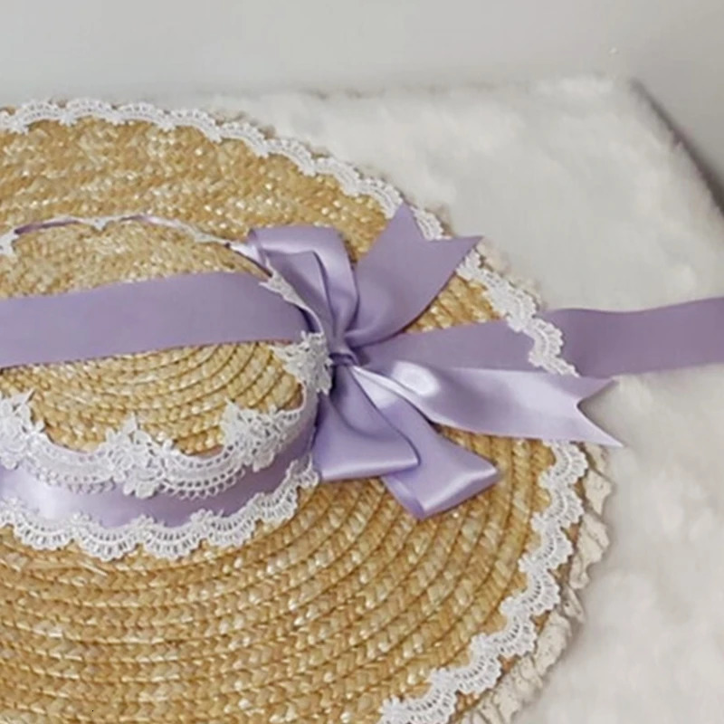 Japanese Lolita Sweet Handmade Straw Sun Hat Lace Patchwork Ribbon Bandage Bowknot Wide Brim Elegant Tea Party Beach Flat D0LF 250516