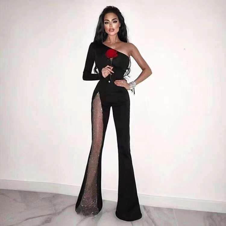 Wide Leg Jumpsuit Women S Sexy Bandage Long Wide Leg Dia Studded Mesh Casual Pants Single Sleeved Jumpsuit